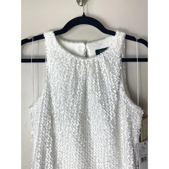 NWT AIDAN MATTOX DRESS 4 WHITE SEQUIN FEATHER FRINGE BRIDAL WEDDING BRIDE MINI - Picture 11 of 16